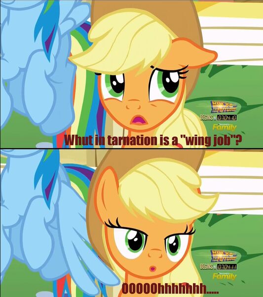 Size: 1280x1440 | Tagged: suggestive, derpibooru import, edit, edited screencap, screencap, applejack, rainbow dash, earth pony, pegasus, pony, the one where pinkie pie knows, :o, appledash, caption, comic, dialogue, discovery family logo, female, implied sex, lesbian, mare, out of context, screencap comic, shipping, wingjob