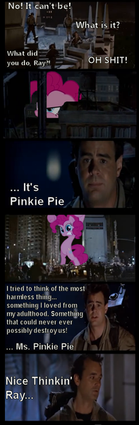 Size: 338x1027 | Tagged: safe, derpibooru import, pinkie pie, pony, egon spengler, ghostbusters, giant pony, macro, peter venkman, ray stantz, vulgar, winston zeddemore