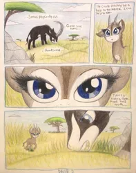 Size: 793x1007 | Tagged: acacia tree, africa, animal in mlp form, antelope, artist:thefriendlyelephant, big eyes, cloven hooves, comic, comic:sable story, derpibooru import, duo, eyelashes, giant sable antelope, grass, grazing, hill, horns, mountain, oc, oc:sabe, oc:uganda, rock, safe, seductive, tall grass, traditional art, tree, unofficial characters only