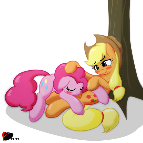 Size: 1000x1000 | Tagged: applejack, applepie, artist:ggumbaramggun, derpibooru import, female, lesbian, pinkie pie, safe, shipping, simple background, sleeping, transparent background, tree