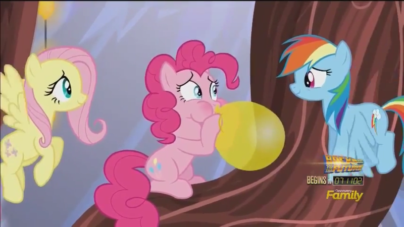 Size: 960x540 | Tagged: balloon, blowing, blowing up balloons, derpibooru import, discovery family logo, fluttershy, flying, golden oaks chandelier, hyperventilating, inflating, pinkie pie, puffy cheeks, rainbow dash, red face, safe, screencap, smiling, the one where pinkie pie knows