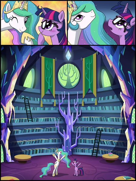 Size: 800x1067 | Tagged: artist:uotapo, blushing, book, comic, comic:twilight strangeness, cute, derpibooru import, glasses, happy, library, ponified, princess celestia, saddle bag, safe, sci-twi, that pony sure does love books, twiabetes, twilight sparkle, unicorn sci-twi