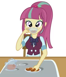 Size: 1659x1932 | Tagged: safe, artist:sumin6301, derpibooru import, sour sweet, equestria girls, friendship games, bowtie, breasts, busty sour sweet, clothes, cookie, crystal prep academy, crystal prep academy uniform, crystal prep shadowbolts, cute, eating, female, freckles, looking at you, open mouth, plate, school uniform, simple background, solo, sourbetes, table, tea, white background
