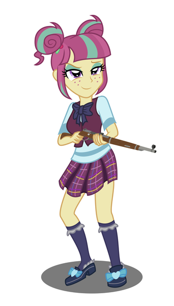 Size: 1269x2226 | Tagged: safe, artist:sumin6301, derpibooru import, sour sweet, equestria girls, friendship games, bowtie, clothes, crystal prep academy, crystal prep academy uniform, crystal prep shadowbolts, freckles, gun, pleated skirt, rifle, school uniform, simple background, skirt, solo, weapon, white background