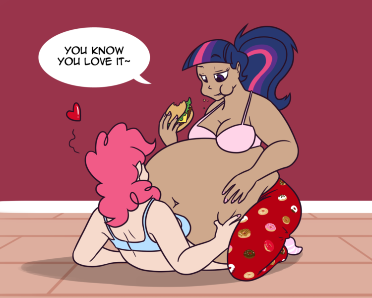 Size: 1280x1024 | Tagged: dead source, suggestive, artist:bigponiesinc, derpibooru import, pinkie pie, twilight sparkle, human, ask feedee twilight, ask, belly, big belly, blue underwear, bra, breasts, burger, cleavage, clothes, eating, fat, fat fetish, female, heart, humanized, lesbian, obese, pink underwear, shipping, sitting, thighlight sparkle, tumblr, twilard sparkle, twinkie, underwear