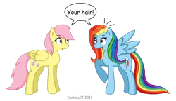 Size: 900x517 | Tagged: alternate hairstyle, artist:daikaluff, backwards cutie mark, care mare, derpibooru import, fluttershy, mane swap, rainbow dash, safe, shocked, wingboner