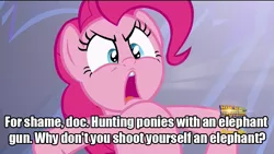 Size: 800x450 | Tagged: bugs bunny, caption, derpibooru import, edit, edited screencap, elephant, elephant gun, image macro, looney tunes, meme, merrie melodies, pinkie pie, rabbit fire, rarity investigates, safe, screencap, text, the one where pinkie pie knows