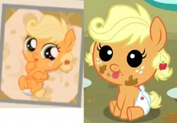 Size: 644x447 | Tagged: safe, derpibooru import, screencap, applejack, earth pony, pony, apple family reunion, the one where pinkie pie knows, baby, baby pony, babyjack, comparison, cropped, cute, error, female, filly, jackabetes, solo