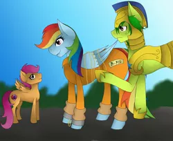 Size: 2202x1800 | Tagged: artist:jadenxjessefan, bound wings, chains, clothes, crusaders of the lost mark, cute, cutie mark, derpibooru import, grass, happy, prisoner rd, prison outfit, rainbow dash, royal guard, safe, scootaloo, shackles, sky, the cmc's cutie marks