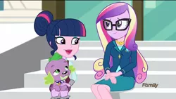 Size: 1024x576 | Tagged: safe, derpibooru import, edit, edited screencap, screencap, princess cadance, sci-twi, spike, spike the regular dog, twilight sparkle, dog, equestria girls, friendship games, clothes, dean cadance, discovery family logo, face swap, open mouth, role reversal, sitting, skirt, smiling, wat