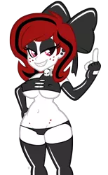 Size: 2000x3250 | Tagged: suggestive, artist:wicked-at-heart, derpibooru import, oc, oc:lilith, unofficial characters only, equestria girls, belly button, clothes, equestria girls-ified, evening gloves, female, gloves, latex, middle finger, simple background, solo, solo female, stockings, transparent background