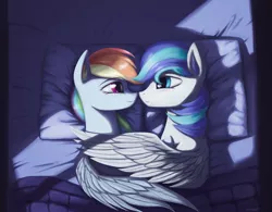 Size: 2685x2094 | Tagged: safe, artist:mrscroup, derpibooru import, rainbow dash, oc, oc:rainy, pegasus, pony, bed, blushing, boop, canon x oc, commission, cuddling, female, hug, looking at each other, lying, male, moonlight, night, noseboop, pillow, romantic, shipping, side, smiling, snuggling, straight, touch, touching face, window, winghug, wings