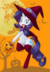 Size: 1500x2142 | Tagged: safe, artist:hidden-cat, derpibooru import, rarity, pony, beauty mark, belly button, bipedal, bow, candy, cape, clothes, costume, halloween, hat, holiday, jack-o-lantern, mare in the moon, nightmare night, nightmare night costume, pumpkin bucket, socks, solo, thigh highs, trick or treat, witch, witch hat