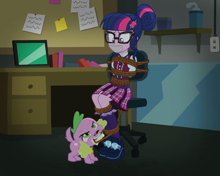 Size: 2500x2000 | Tagged: questionable, artist:radiantrealm, derpibooru import, sci-twi, spike, spike the regular dog, twilight sparkle, dog, equestria girls, friendship games, bondage, breaking free, chair, clothes, commission, crystal prep academy, crystal prep academy uniform, crystal prep shadowbolts, duo, gag, glasses, high heels, pleated skirt, rescue, ropes, school uniform, show accurate, show accurate porn, sitting, skirt, socks, tape gag, tied up