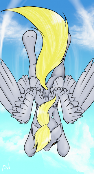 Size: 1024x1891 | Tagged: safe, artist:arcuswind, derpibooru import, derpy hooves, pegasus, pony, contrail, diving, female, flying, from above, mare, solo, upside down