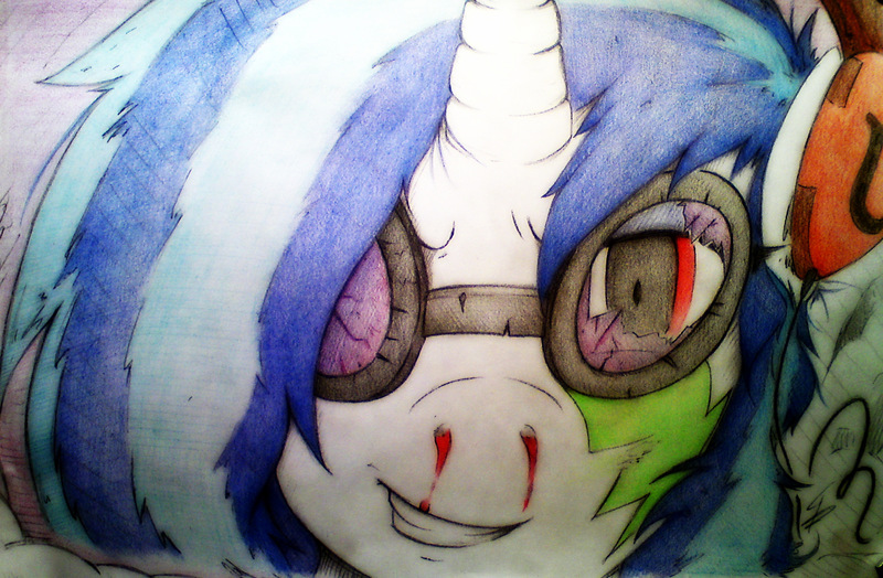 Size: 2844x1863 | Tagged: safe, artist:tamikimaru, derpibooru import, vinyl scratch, pony, unicorn, 2013, aladdin sane, bassdrop, blood, broken glasses, grin, headphones, nosebleed, smoke, song reference, traditional art, ziggy stardust