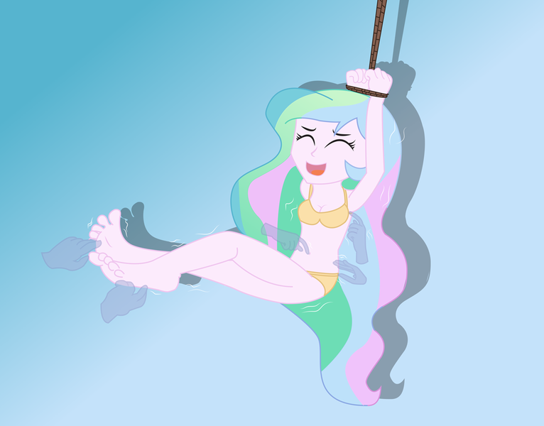 Size: 1024x802 | Tagged: suggestive, artist:bondagelover888, derpibooru import, princess celestia, ghost, equestria girls, armpits, barefoot, belly button, bikini, bondage, breasts, clothes, feet, laughing, midriff, navel play, principal celestia, rope bondage, swimsuit, tickle torture, tickling, tied up, toes