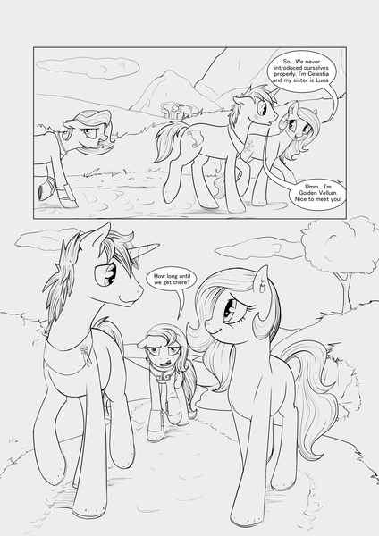 Size: 3543x5017 | Tagged: safe, artist:silfoe, derpibooru import, princess celestia, princess luna, oc, oc:golden vellum, earth pony, pony, unicorn, comic:ascension, canon x oc, comic, earth pony celestia, earth pony luna, female, grayscale, horseshoes, male, mare, monochrome, origin story, race swap, stallion, unamused, younger