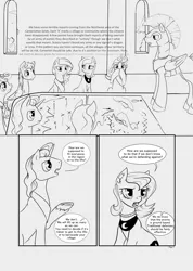 Size: 3616x5072 | Tagged: safe, artist:silfoe, derpibooru import, princess celestia, princess luna, oc, oc:golden vellum, earth pony, pegasus, pony, unicorn, comic:ascension, comic, earth pony celestia, earth pony luna, female, grayscale, male, map, mare, monochrome, origin story, race swap, royal guard, stallion, younger