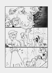 Size: 3576x4967 | Tagged: grimdark, artist:silfoe, derpibooru import, princess celestia, princess luna, oc, oc:golden vellum, earth pony, pony, zombie, comic:ascension, canterlot, comic, earth pony celestia, earth pony luna, fire, grayscale, magic, monochrome, origin story, pyromancy, race swap, scrunchy face, smoke, sword, younger