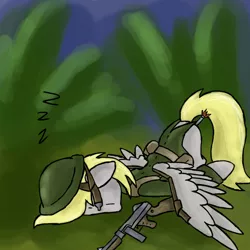 Size: 600x600 | Tagged: safe, artist:slamjam, derpibooru import, derpy hooves, pegasus, pony, female, gun, mare, prone, sleeping, soldier, solo, tommy gun, tranquilizer, tranquilizer dart, weapon