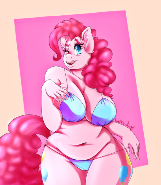 Size: 1280x1477 | Tagged: questionable, artist:xx-romantique, derpibooru import, pinkie pie, anthro, belly button, big breasts, blue underwear, bra, breasts, busty pinkie pie, cameltoe, chubby, cleavage, clothes, female, looking at you, panties, solo, solo female, tongue out, underwear, wink