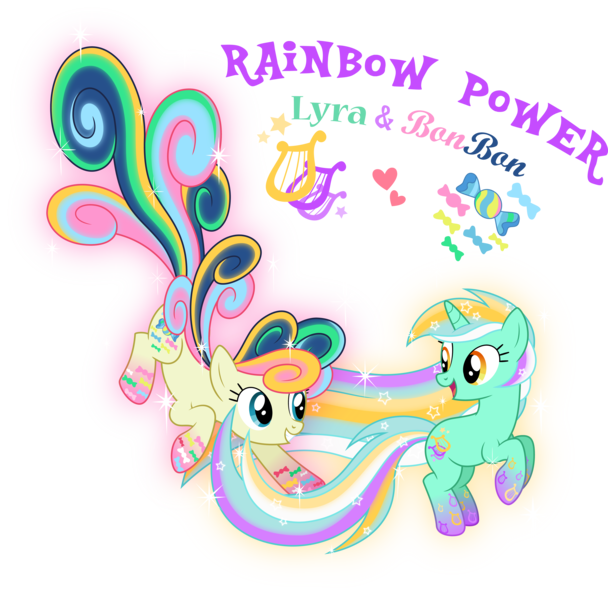 Size: 8000x7894 | Tagged: safe, artist:zekrom-9, derpibooru import, bon bon, lyra heartstrings, sweetie drops, absurd resolution, cutie mark, eye contact, female, heart, lesbian, lyrabon, rainbow power, rainbow power-ified, shipping, simple background, transparent background, vector