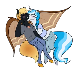 Size: 1000x1000 | Tagged: safe, artist:roxling, derpibooru import, oc, oc:bubble lee, oc:rege liliac, oc:regina liliac, unofficial characters only, anthro, bat pony, unguligrade anthro, unicorn, anthro oc, blushing, couple, female, kissing, male, rule 63, snuggling, straight