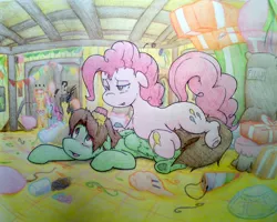 Size: 2716x2176 | Tagged: safe, artist:tamikimaru, derpibooru import, pinkie pie, oc, oc:jello, oc:tami k. maru, 2014, balloon, birthday party, black mane, canon x oc, cupcake, disaster, female, floppy ears, grin, hearts and hooves day, male, party, shipping, straight, traditional art, wingboner, yellow coat