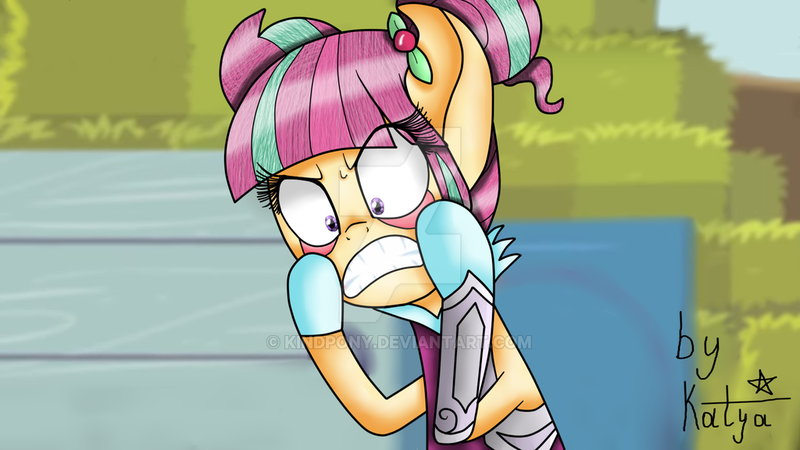 Size: 1024x576 | Tagged: safe, artist:kindpony, derpibooru import, sour sweet, ponified, earth pony, pony, equestria girls, friendship games, angry, clothes, crystal prep academy, crystal prep shadowbolts, equestria girls ponified, eyelid pull, rage face, scene interpretation, solo, sour rage, sour sweet is not amused, unamused, watermark