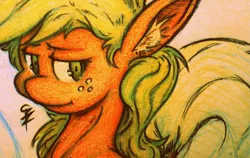 Size: 1707x1076 | Tagged: safe, artist:tamikimaru, derpibooru import, applejack, 2015, blonde, green eyes, grin, solo, sunrise, traditional art