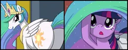 Size: 800x317 | Tagged: safe, artist:uotapo, derpibooru import, princess celestia, sci-twi, twilight sparkle, ponified, alicorn, pony, unicorn, :o, comic, cropped, cutie mark, eyes on the prize, female, looking back, mare, open mouth, out of context, plot, smiling, sunbutt, tail, unicorn sci-twi