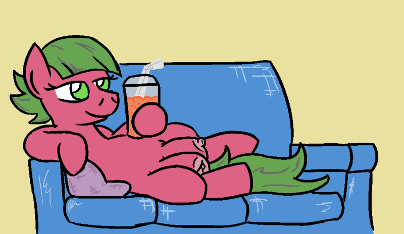 Size: 1000x580 | Tagged: questionable, artist:jargon scott, derpibooru import, oc, oc:low rider, unofficial characters only, pegasus, pony, 7-eleven, couch, crotch cleavage, crotchboobs, erect nipples, female, impossibly large crotchboobs, inverted nipples, lounging, nipples, nudity, short hair, slurpee, smiling, solo, solo female, straw