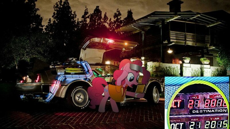 Size: 1024x576 | Tagged: safe, derpibooru import, pinkie pie, pony, back to the future, car, cute, delorean, my little pony, time travel