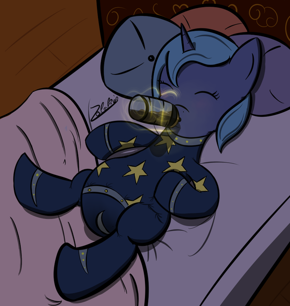 Size: 882x931 | Tagged: artist:zalakir, baby bottle, clothes, cute, derpibooru import, diaper, filly, footed sleeper, lunabetes, onesie, pajamas, poofy diaper, princess luna, safe, sleeping, solo, woona