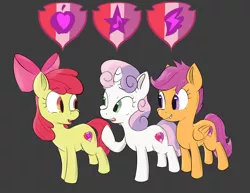 Size: 1766x1360 | Tagged: apple bloom, artist:browwning, crusaders of the lost mark, cute, cutie mark, cutie mark crusaders, derpibooru import, eye contact, gray background, grin, looking at each other, open mouth, raised hoof, safe, scootaloo, simple background, smiling, sweetie belle, the cmc's cutie marks, trio