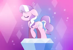 Size: 2833x1947 | Tagged: safe, artist:moozua, derpibooru import, diamond tiara, earth pony, pony, crusaders of the lost mark, abstract background, diamond, eyes closed, female, filly, floppy ears, gradient background, jewels, pose, raised hoof, scene interpretation, signature, solo, the pony i want to be