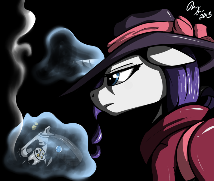 Size: 1000x844 | Tagged: artist:jinyaranda, clothes, colored, derpibooru import, detective, detective rarity, gun, hat, horn, magic, noir, rarity, rarity investigates, reloading, revolver, safe, signature, solo, telekinesis, weapon