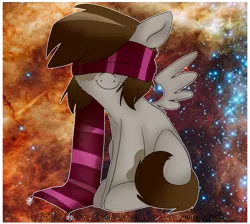 Size: 1644x1470 | Tagged: artist:yashathebasher, blindfold, clothes, cosmic, derpibooru import, oc, oc:yashathebasher, safe, scarf, smiling, solo, the cosmos, unofficial characters only