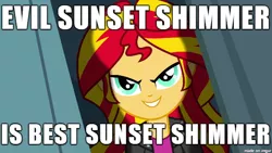 Size: 610x343 | Tagged: safe, derpibooru import, sunset shimmer, equestria girls, best human, best pony, evil, image macro, meme, op started shit