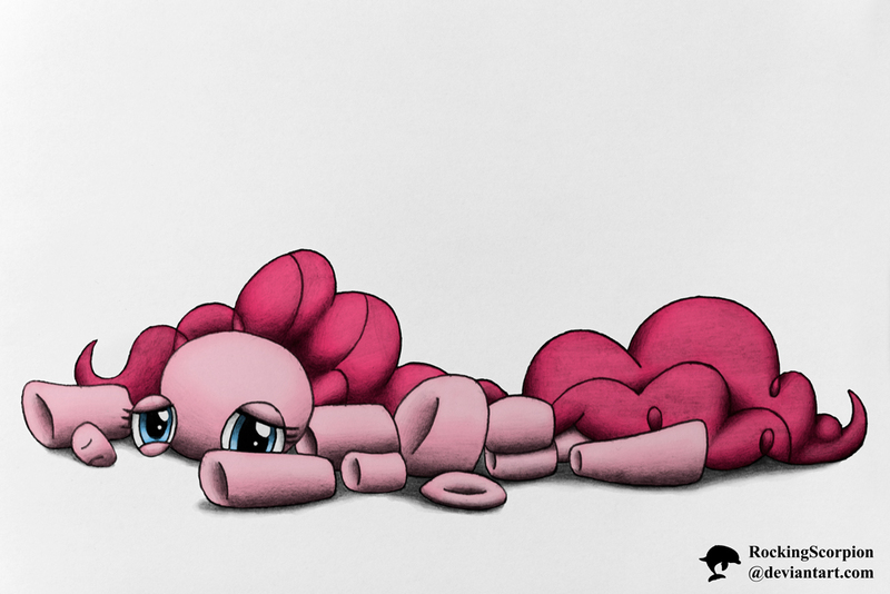 Size: 1000x667 | Tagged: artist:rockingscorpion, derpibooru import, frown, modular, pinkie pie, pinkie pieces, prone, sad, safe, scene interpretation, simple background, solo, the one where pinkie pie knows, traditional art