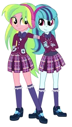 Size: 3647x6480 | Tagged: safe, artist:greenmachine987, derpibooru import, lemon zest, sonata dusk, equestria girls, friendship games, rainbow rocks, absurd resolution, alternate hairstyle, clothes, crystal prep academy uniform, loose hair, school uniform, simple background, smiling, transparent background, vector