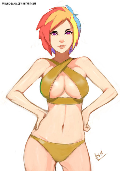 Size: 707x1000 | Tagged: artist:faruuk-sama, belly button, bikini, breasts, busty rainbow dash, cleavage, clothes, derpibooru import, female, hand on waist, hands on waist, human, humanized, midriff, rainbow dash, solo, solo female, suggestive, swimsuit