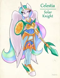 Size: 2550x3300 | Tagged: adventuring is magic, alicorn, anthro, armor, artist:ambris, clothes, colored pupils, curved horn, derpibooru import, fantasy class, female, knight, princess celestia, safe, shield, smiling, solo, spear, unguligrade anthro, warrior, weapon