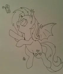 Size: 1092x1280 | Tagged: safe, artist:notenoughapples, derpibooru import, fluttershy, bat pony, butterfly, pony, flutterbat, flying, monochrome, smiling, solo, traditional art