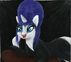 Size: 1155x1004 | Tagged: safe, artist:xchan, derpibooru import, rarity, pony, unicorn, acrylic painting, black dress, canvas, clothes, costume, crossover, dress, elvira, elviraty, halloween, lying down, open mouth, painting, solo, spotlight, table, traditional art