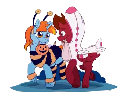 Size: 3500x3000 | Tagged: safe, artist:raph13th, derpibooru import, oc, oc:mach, oc:swift note, unofficial characters only, bee, pegasus, pony, unicorn, fallout equestria, antennae, clothes, costume, halloween, mouth hold, nightmare night, plane, ponytail, pumpkin bucket, simple background, transparent background, trick or treat, unshorn fetlocks