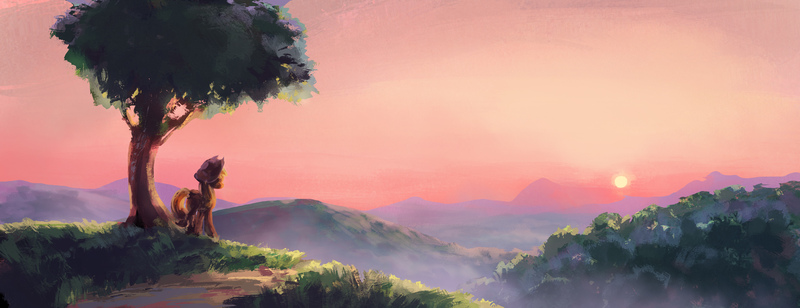 Size: 3000x1156 | Tagged: safe, artist:hunternif, derpibooru import, applejack, pony, mountain, scenery, solo, speedpaint, sun, sunrise, sweet apple acres, tree