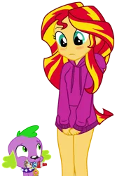 Size: 1007x1504 | Tagged: suggestive, artist:dashiesparkle, artist:titanium-pony, artist:yanoda, derpibooru import, vector edit, spike, sunset shimmer, dog, equestria girls, adorasexy, blushing, clothes, covering, cute, eyes on the prize, female, hoodie, implied nudity, legs, looking down, looking up, male, no panties, sexy, shipping, simple background, spike the dog, straight, sunsetspike, tonight you, transparent background, whipped cream