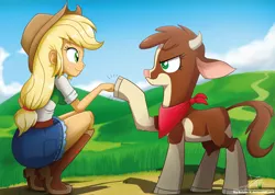 Size: 1370x976 | Tagged: safe, artist:the-butch-x, derpibooru import, applejack, arizona cow, cow, them's fightin' herds, equestria girls, bandana, clothes, cloven hooves, community related, crossover, crouching, denim skirt, female, fist bump, hoofbump, signature, skirt